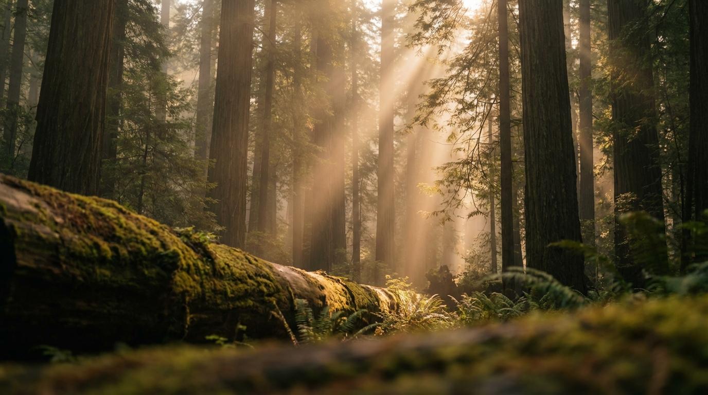 Golden hour landscape with volumetric light rays through forest