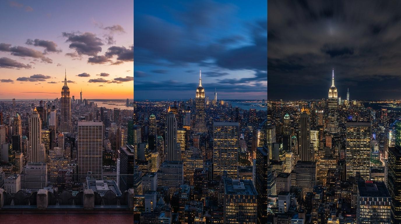 Time-lapse of city skyline transitioning from day to night