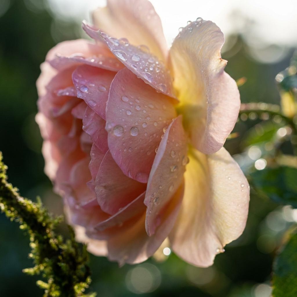 Macro shot of blooming flower with dew drops