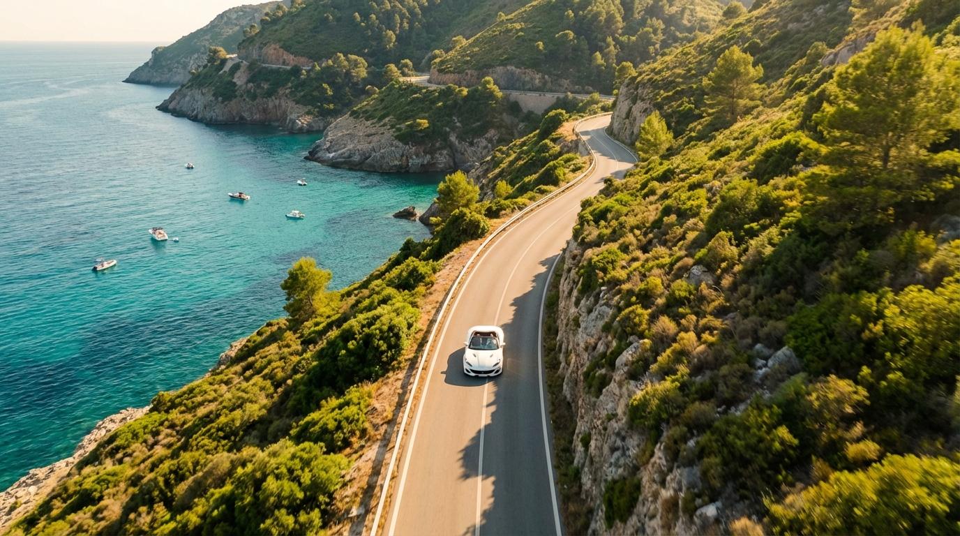 Aerial shot of winding coastal road with turquoise ocean