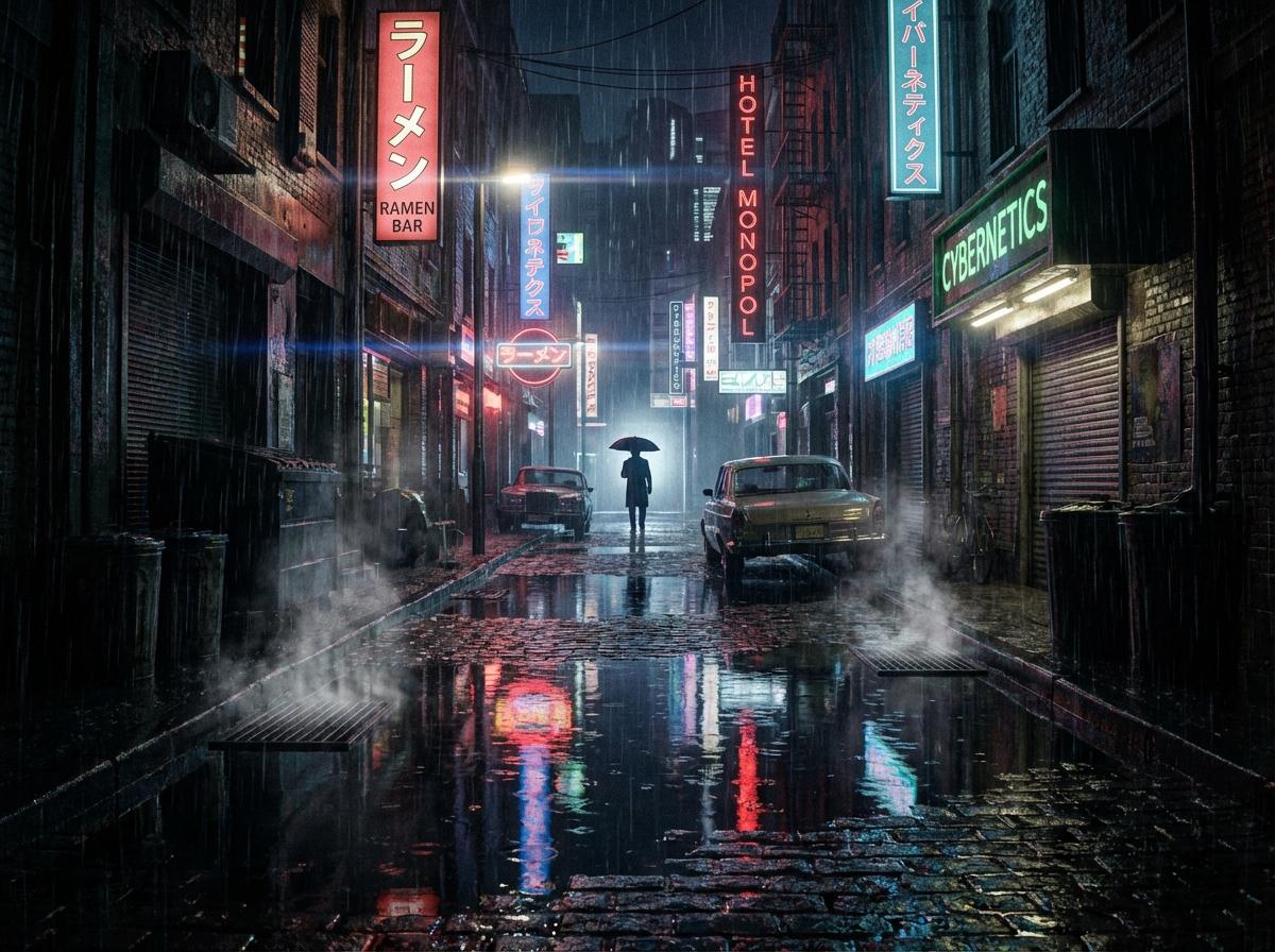 Moody noir-style alley scene with rain and neon signs
