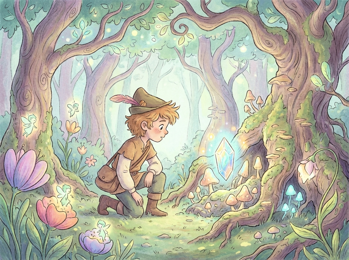 Animated children story scene in a magical forest
