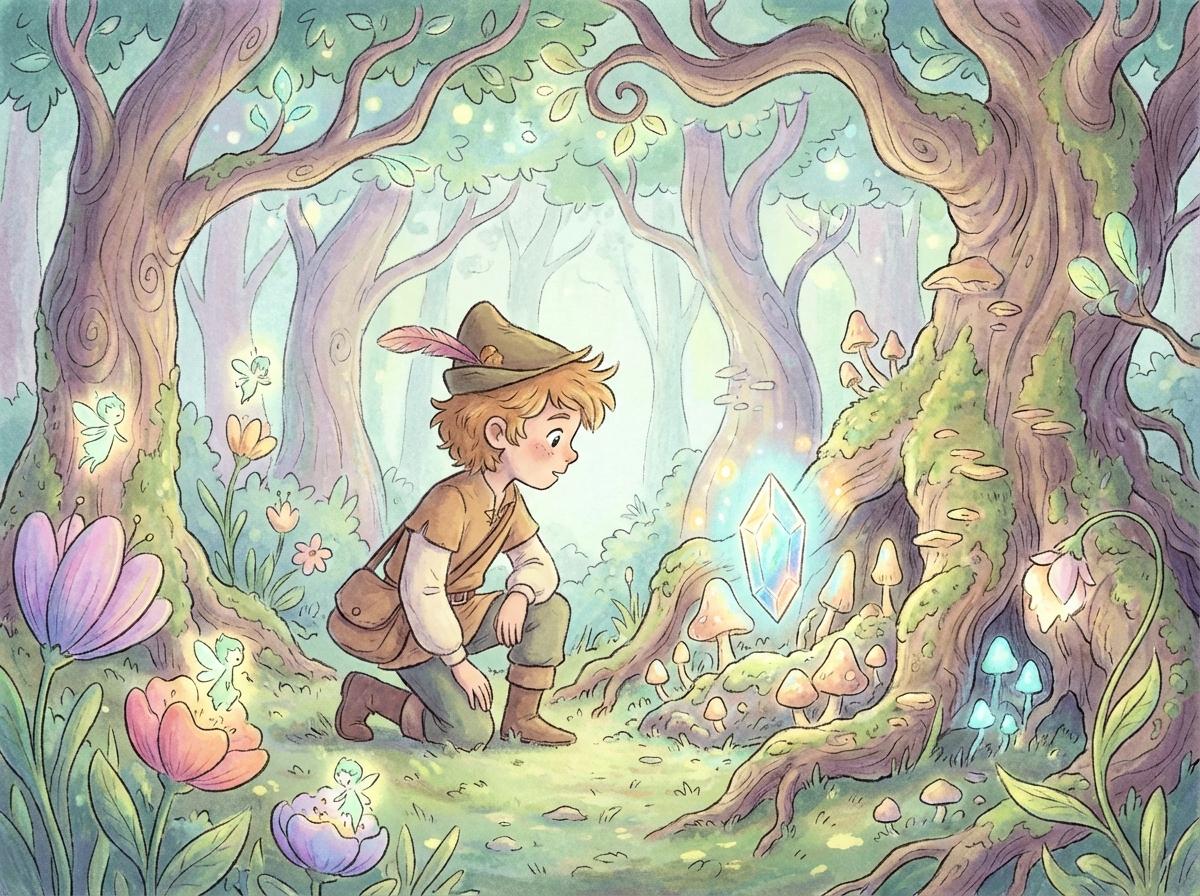 Animated children story scene in a magical forest
