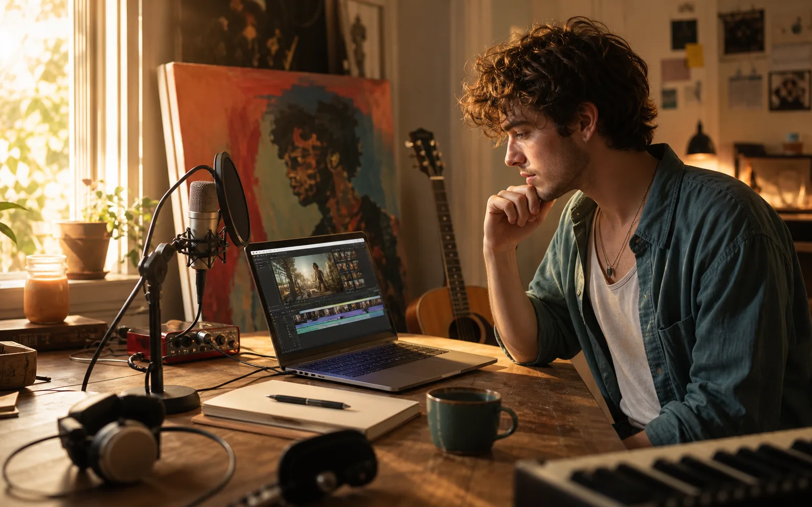 Independent artist in a small studio planning release visuals beside a canvas