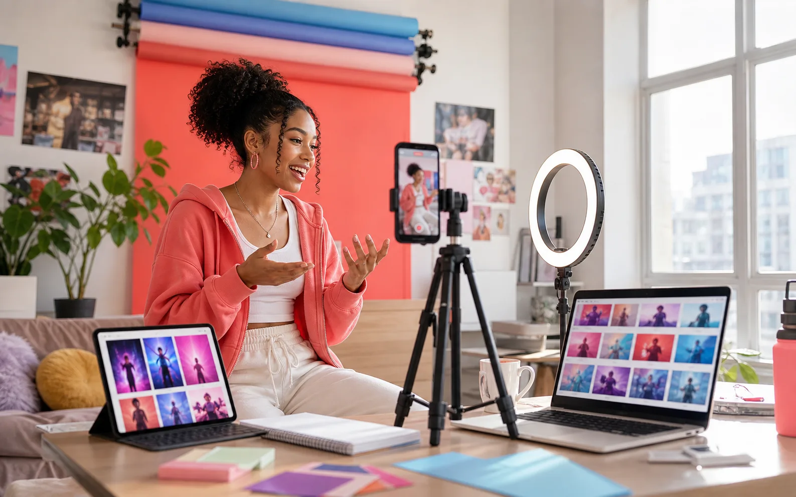 Creator editing short-form release clips with a phone tripod and laptop