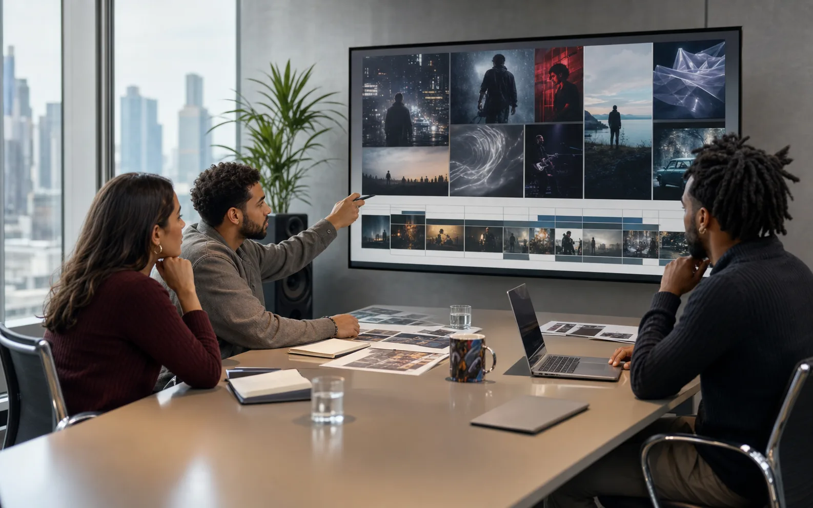 Music label team reviewing a visual treatment before a production decision