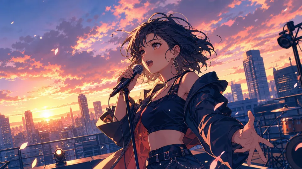 Anime singer performing on a rooftop stage at sunset