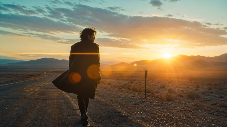 Cinematic performer walking along a desert road at golden hour