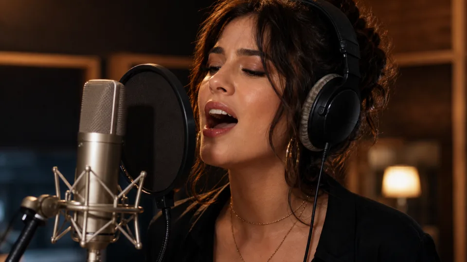 Singer recording vocals into a studio microphone with warm lighting