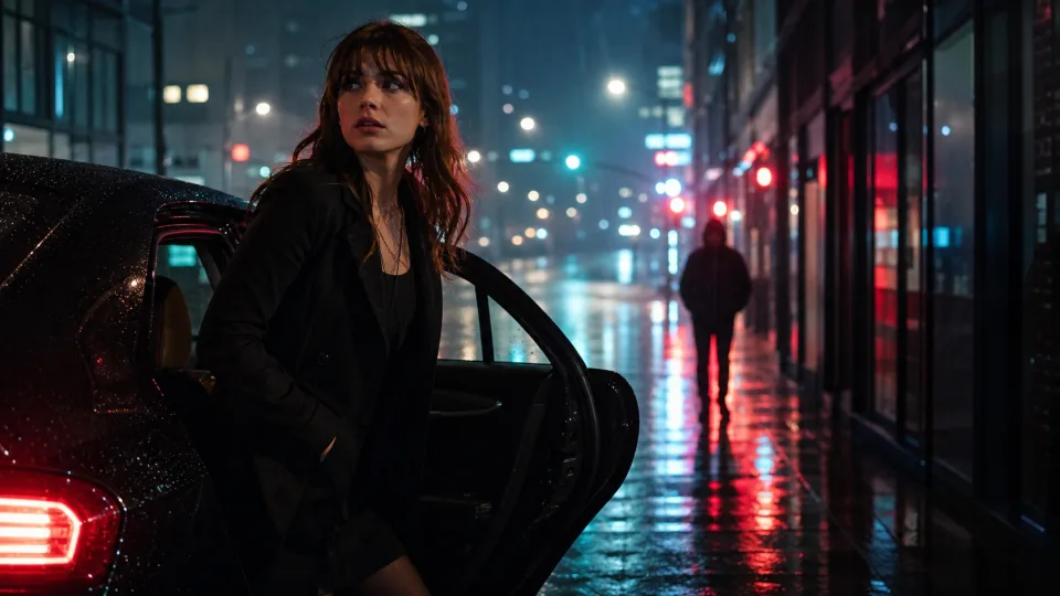 Rainy cinematic story scene with a protagonist stepping out of a car