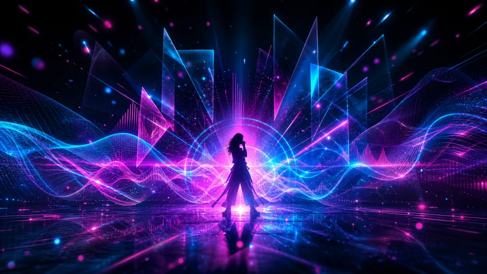 Abstract neon audio visualizer with light waves and a performer silhouette